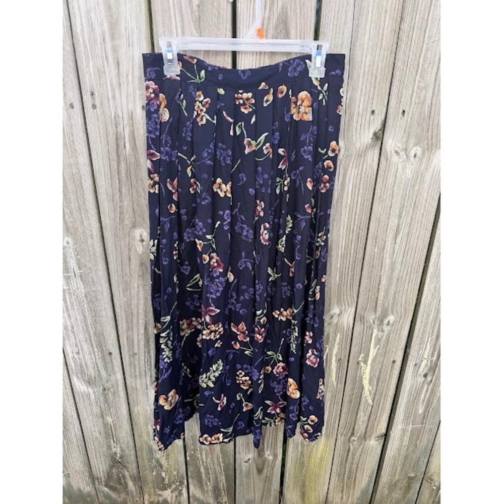 Vintage Cottagecore Briggs New York Midi Skirt 14 Navy Blue Floral Pleated 90s